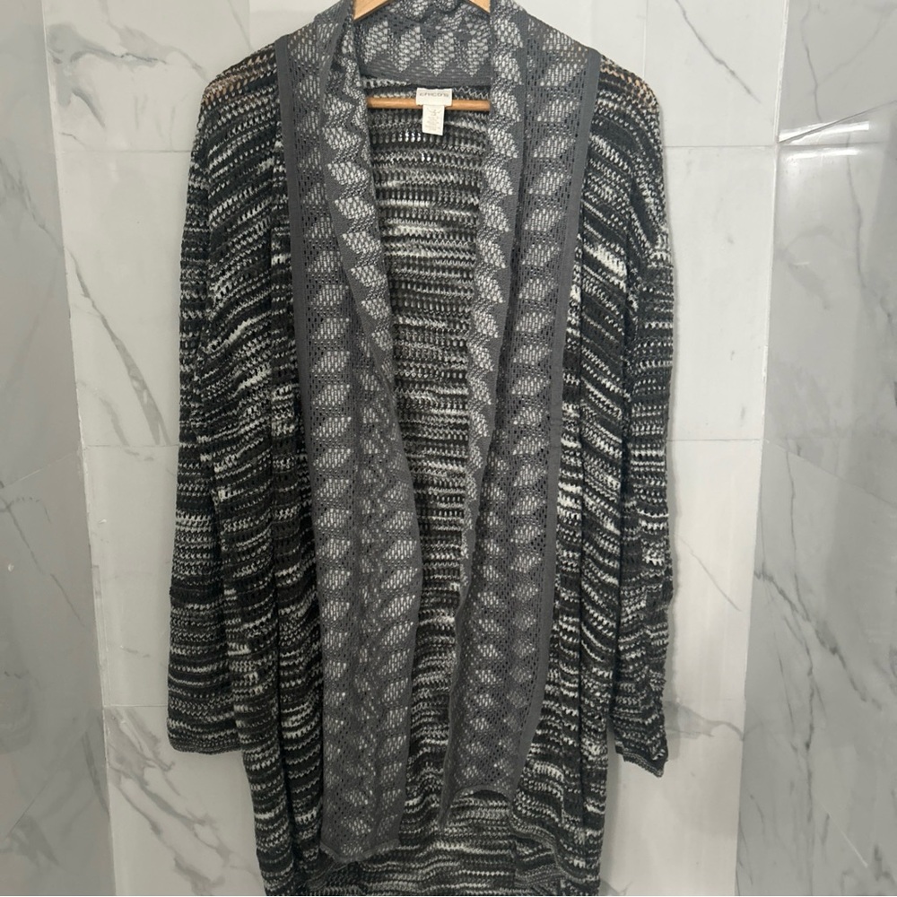 Chico's Gray Open-Front Patterned Knit Cardigan